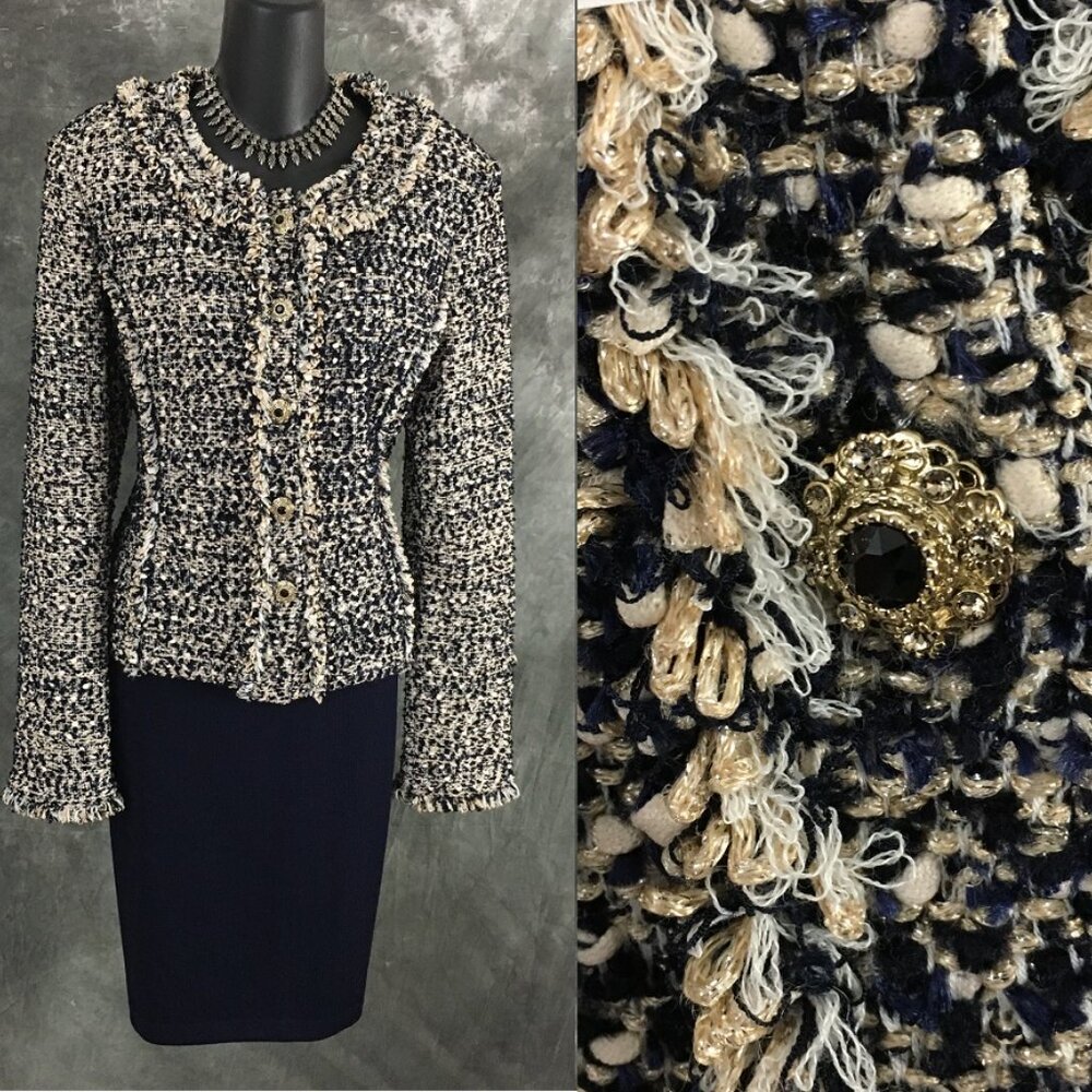BEAUTIFUL St John couture knit blue beige gold shimmer jacket skirt suit 12